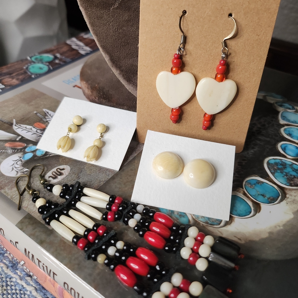 Southwestern Native Style Earring Lot With Carved Bone And Shell